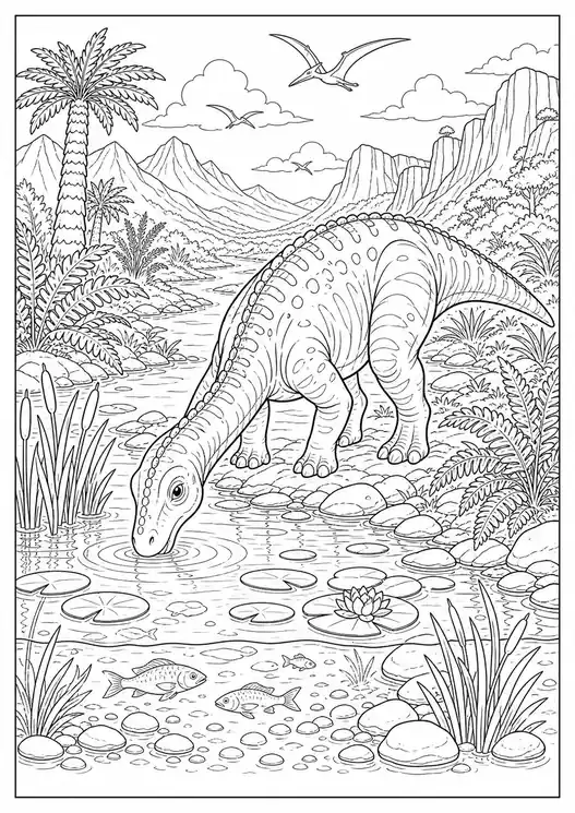 Dinosaur Drinking at a River printable coloring page