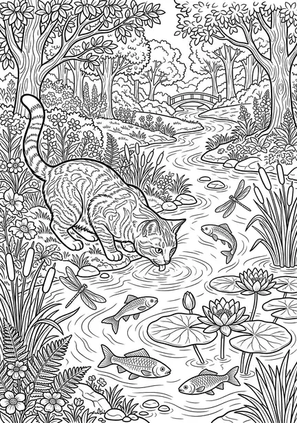 Drinking at River - free coloring cat page printable black and white line art
