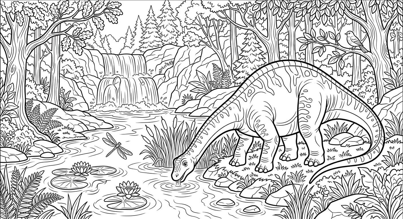 Coloring Dinosaur Drinking at Forest River - free coloring dinosaur page printable black and white line art