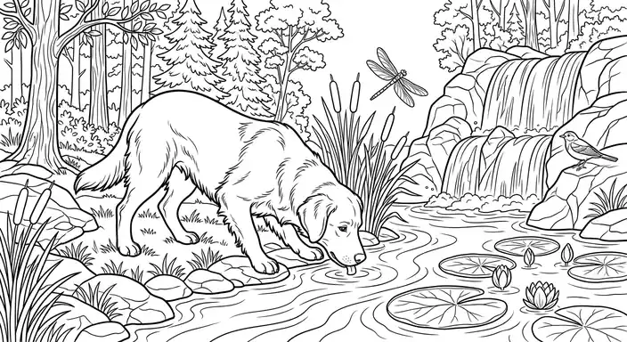 Coloring Dog Drinking at River - free coloring dog page printable black and white line art