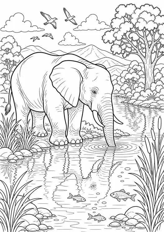 Coloring elephant drinking at the river printable page