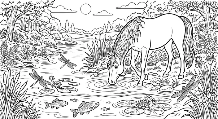River Drink - free coloring horse page printable black and white line art