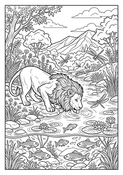 River Drink - free coloring lion page