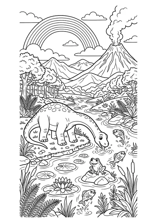 Cute long-necked brachiosaurus drinking from a river with lily pads, a frog, fish, a rainbow and a volcano – coloring pages of cute dinosaurs
