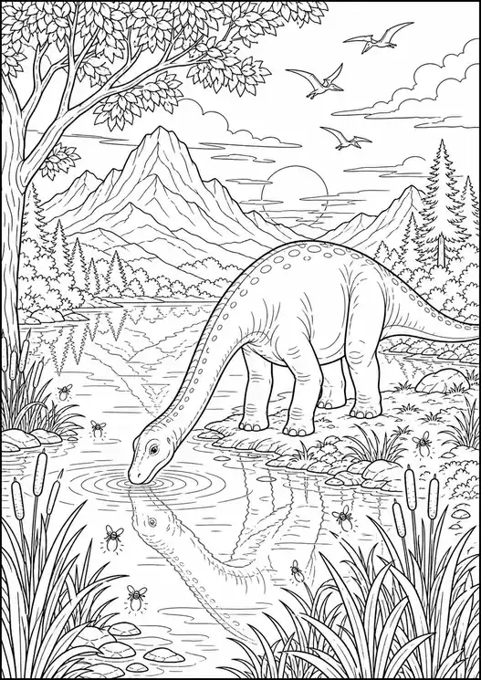 Coloring pages of the good dinosaur: drinking at the river at sunset
