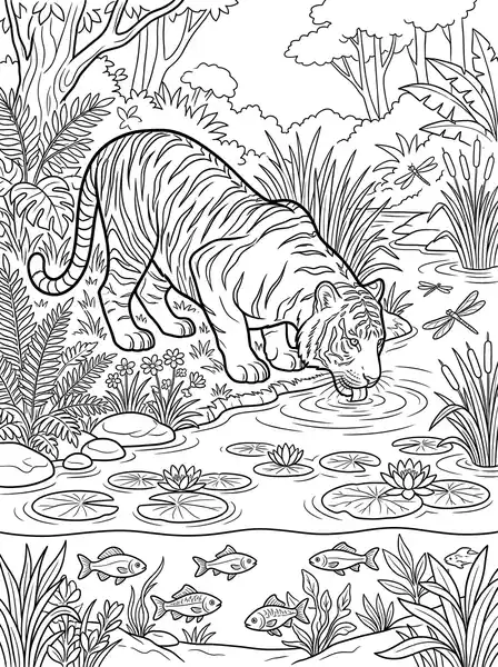 River Drink - free coloring tiger page