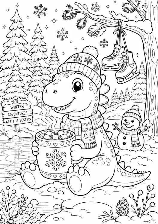 Cute christmas dinosaur coloring pages: dino cocoa by frozen pond