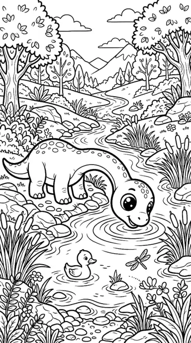 cute dinosaur coloring pages printable page 07 - Brachiosaurus and the Duckling