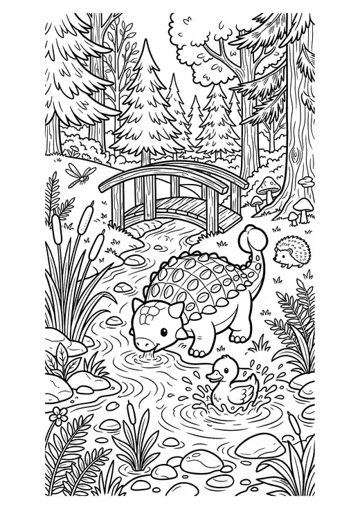 Cute round ankylosaurus and a duck splashing at a forest stream with a footbridge and hedgehog – cute dinosaur coloring sheets
