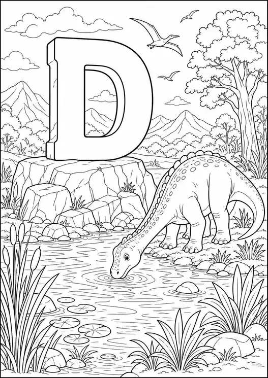 D for dinosaur coloring page: drinking at the river with letter D