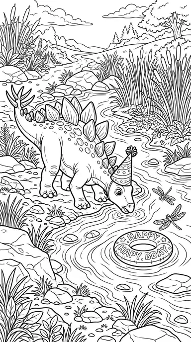 dinosaur birthday coloring pages page 07 - River Break, Party Hats On