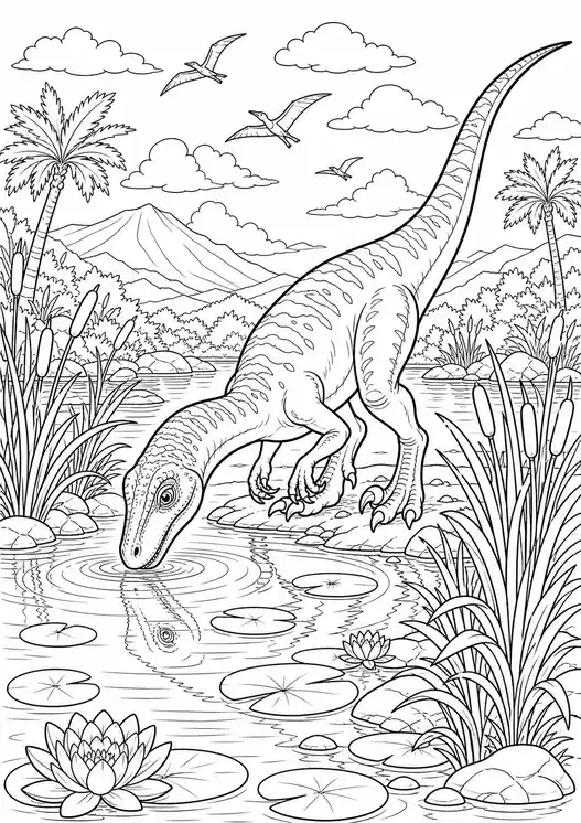Dinosaur coloring pages velociraptor: raptor drinking at the river
