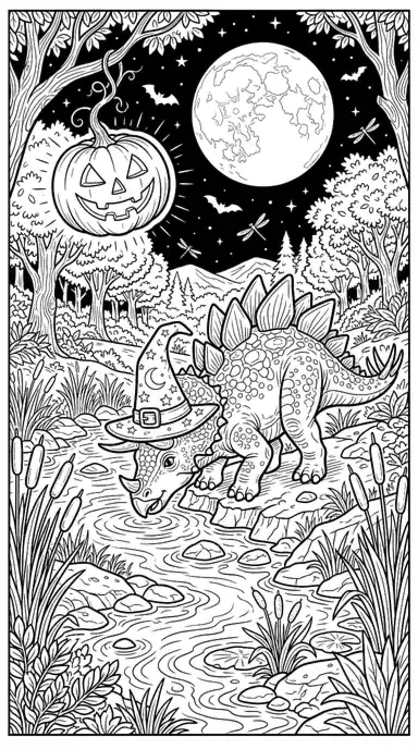 dinosaur halloween coloring page page 07 - Moonlit River Drink