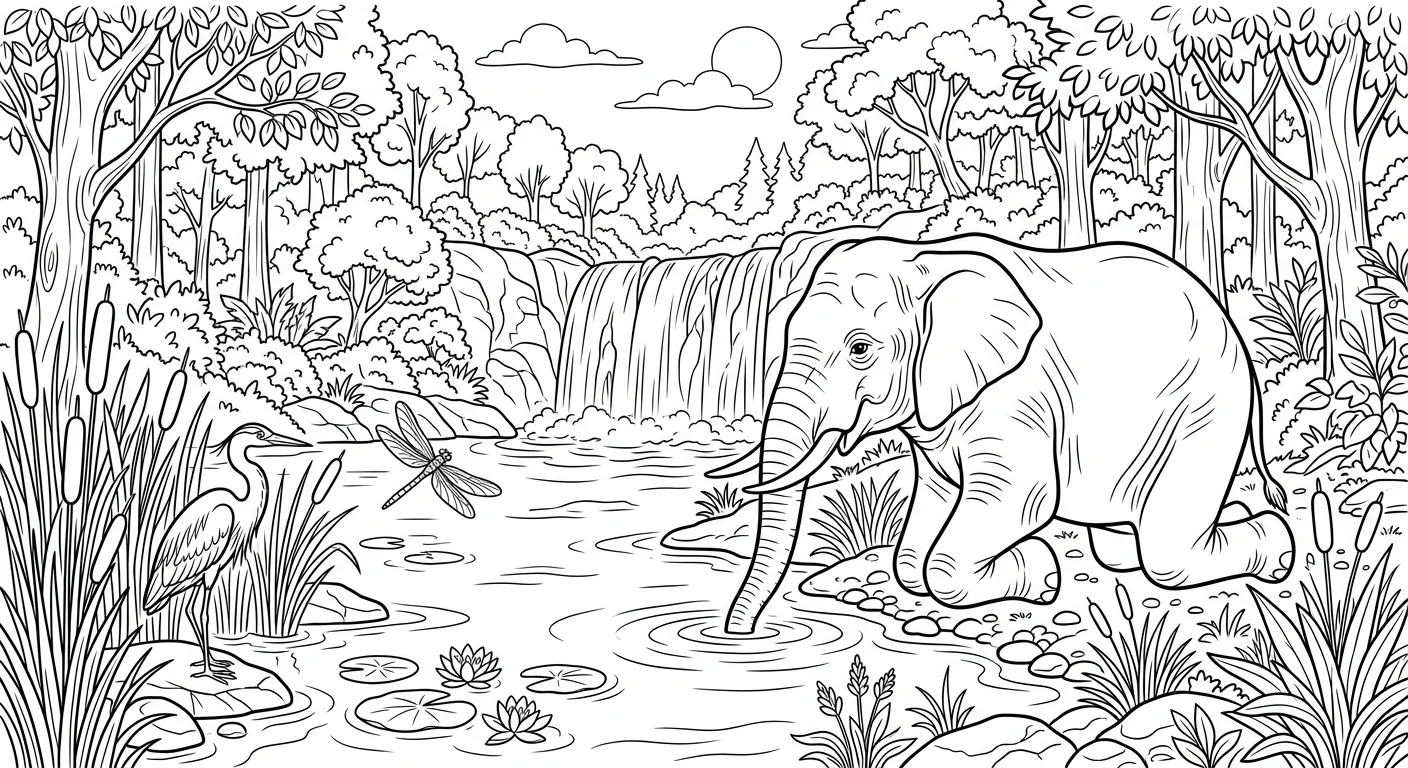 Elephant Drinking at Forest River - free elephant coloring page printable black and white line art