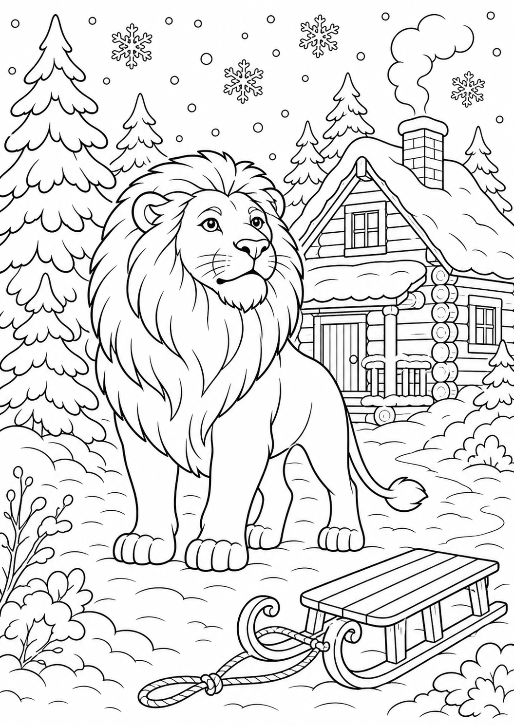 Lion in a Snowy Pine Forest — free lion coloring page, printable black and white line art