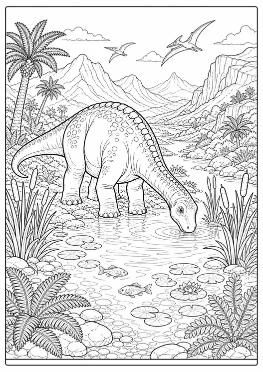Printable Dinosaur Drinking at a River printable coloring page
