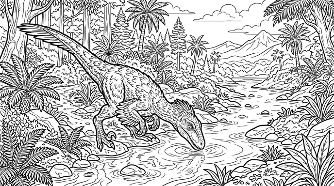 Drinking at a river raptor dinosaur coloring page