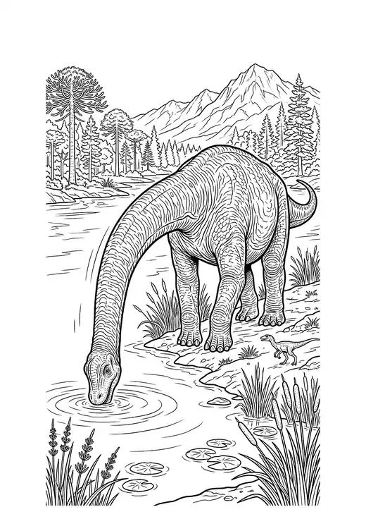 Realistic Brachiosaurus drinking from a prehistoric river with reeds, a Compsognathus and a conifer forest – realistic dinosaur coloring pages