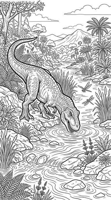 t rex dinosaur to color page 07 - Drinking at the River