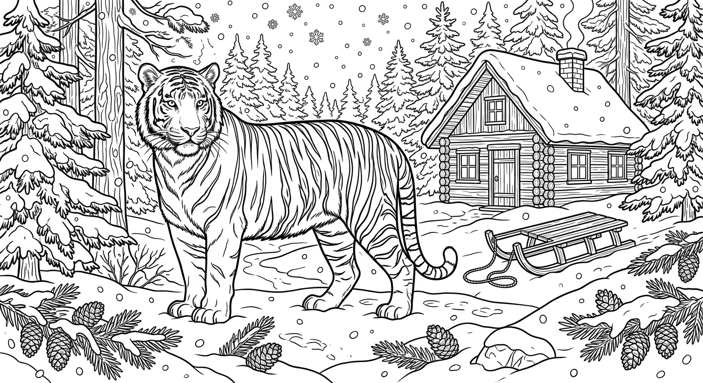Tiger in Snowy Siberian Forest - winter tiger coloring page