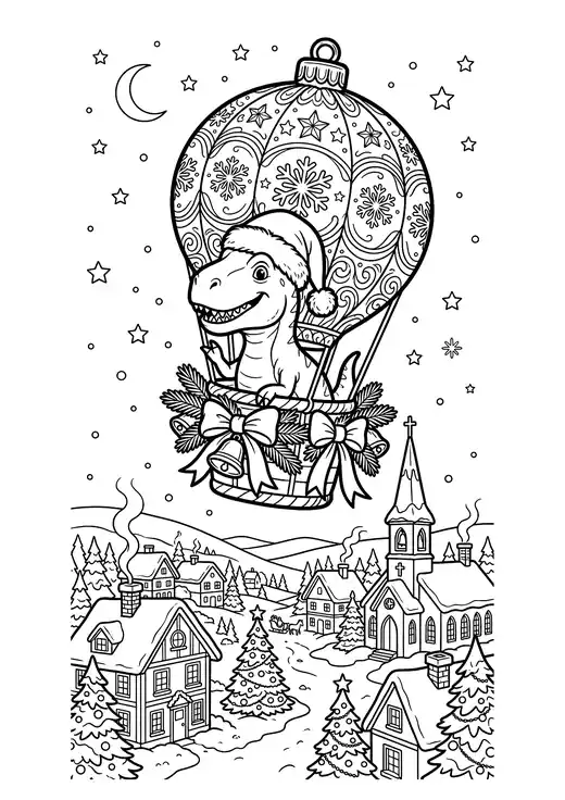 Christmas dinosaur riding a hot air balloon shaped like an ornament above a snowy village – christmas dinosaur coloring pages