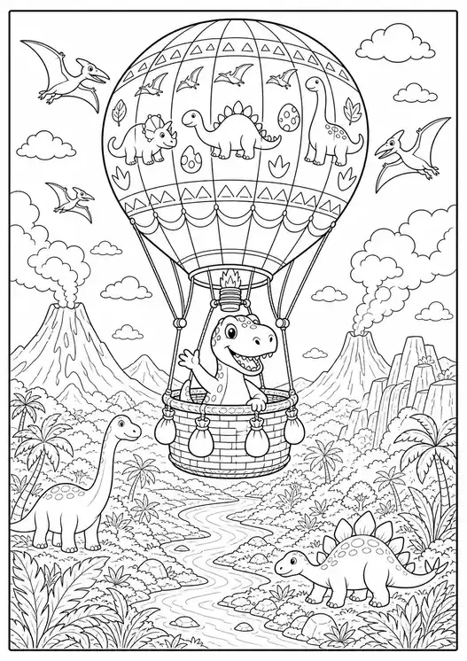 Dinosaur Hot Air Balloon printable coloring page