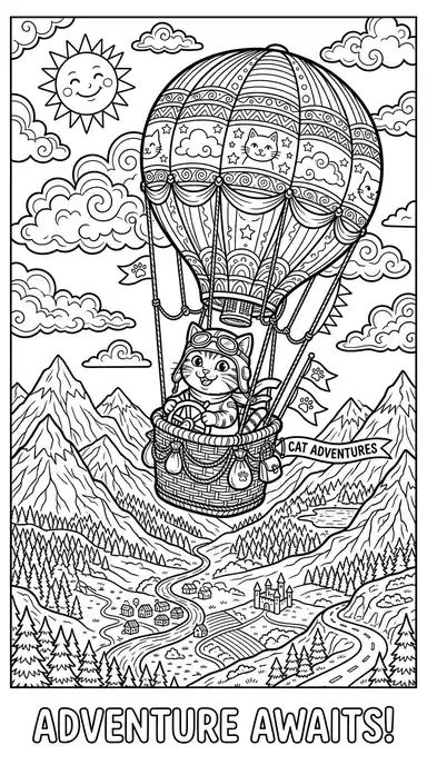 Hot Air Balloon - free coloring cat page printable black and white line art