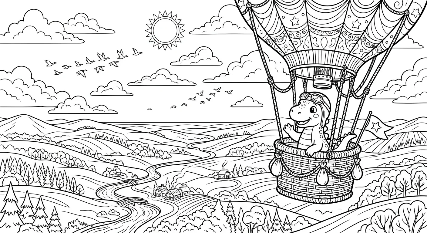 Coloring Dinosaur in Hot Air Balloon - free coloring dinosaur page printable black and white line art