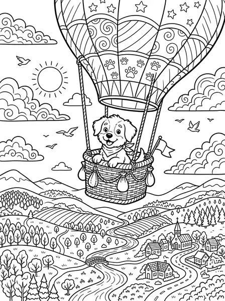 Coloring Dog in Hot Air Balloon - free coloring dog page printable black and white line art