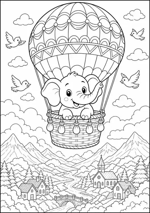 Coloring elephant hot air balloon ride printable page