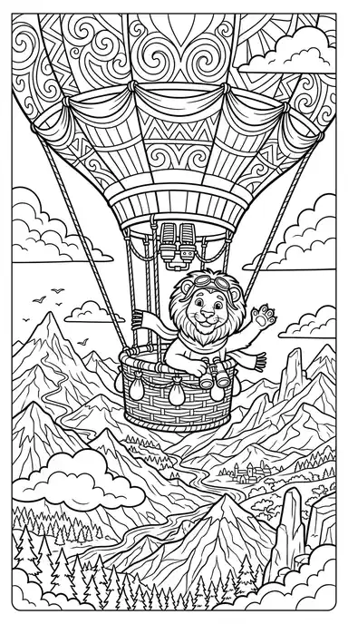 Hot Air Balloon - free coloring lion page