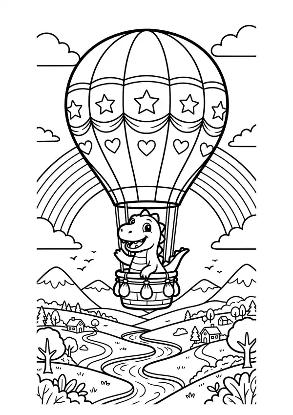 Cute dinosaur waving from a striped hot air balloon above hills, a river, tiny houses and a rainbow – coloring pages of cute dinosaurs