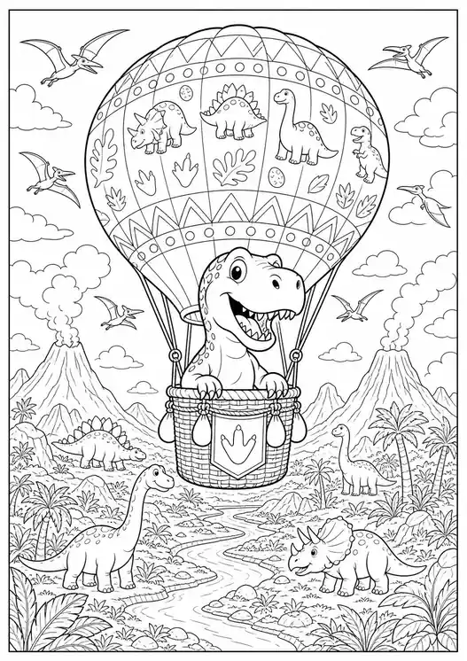 T-Rex Dinosaur Hot Air Balloon printable coloring page