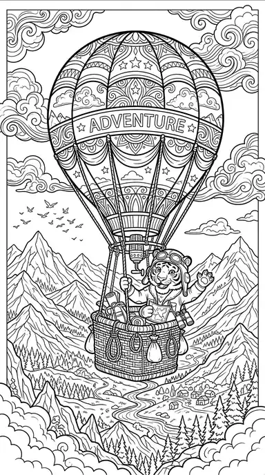 Hot Air Balloon - free coloring tiger page