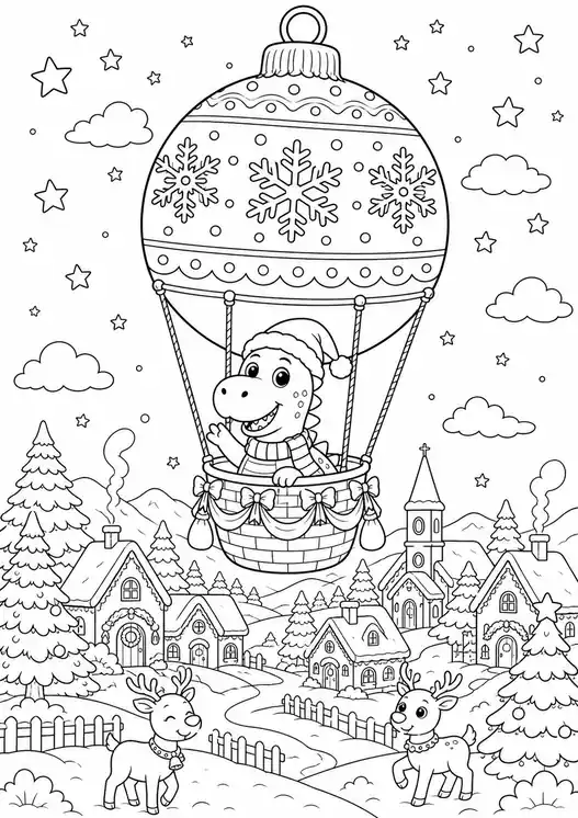 Cute christmas dinosaur coloring pages: christmas ornament balloon ride