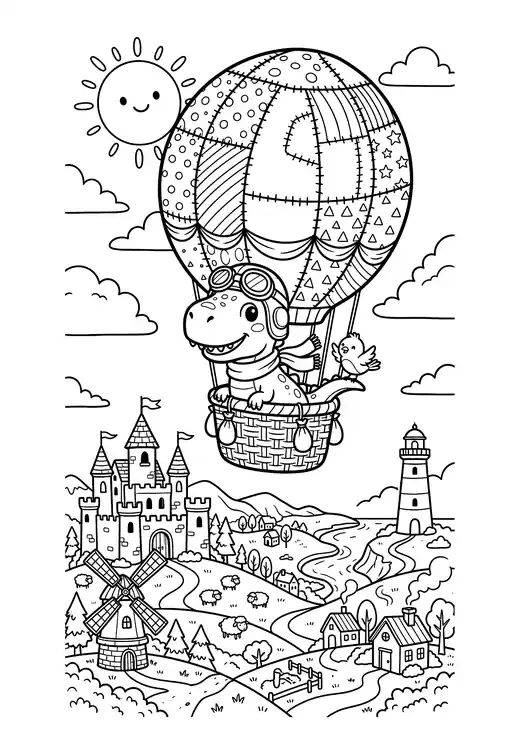 Cute dinosaur pilot in goggles flying a patchwork egg-shaped hot air balloon over a castle, windmill and lighthouse – cute dinosaur coloring sheets
