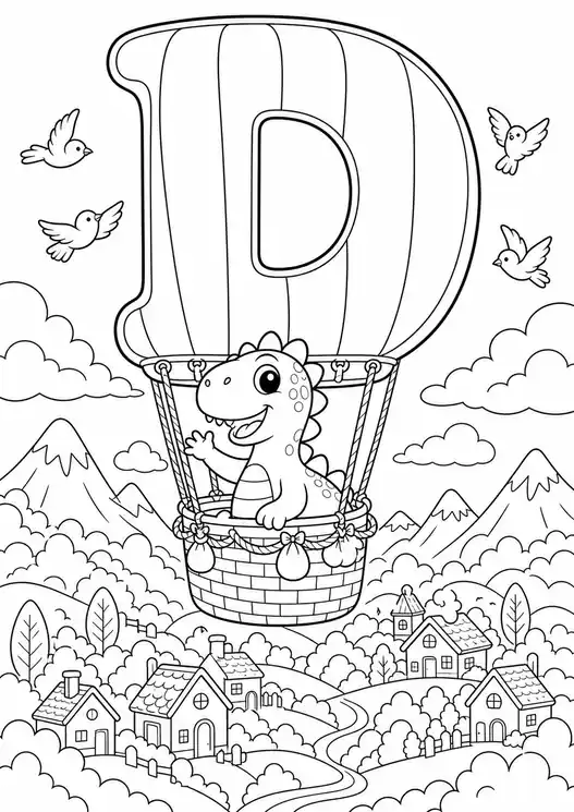 D for dinosaur coloring page: letter D balloon ride
