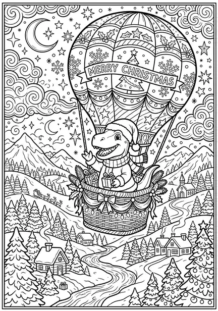 Hot air balloon ride dinosaur christmas coloring page