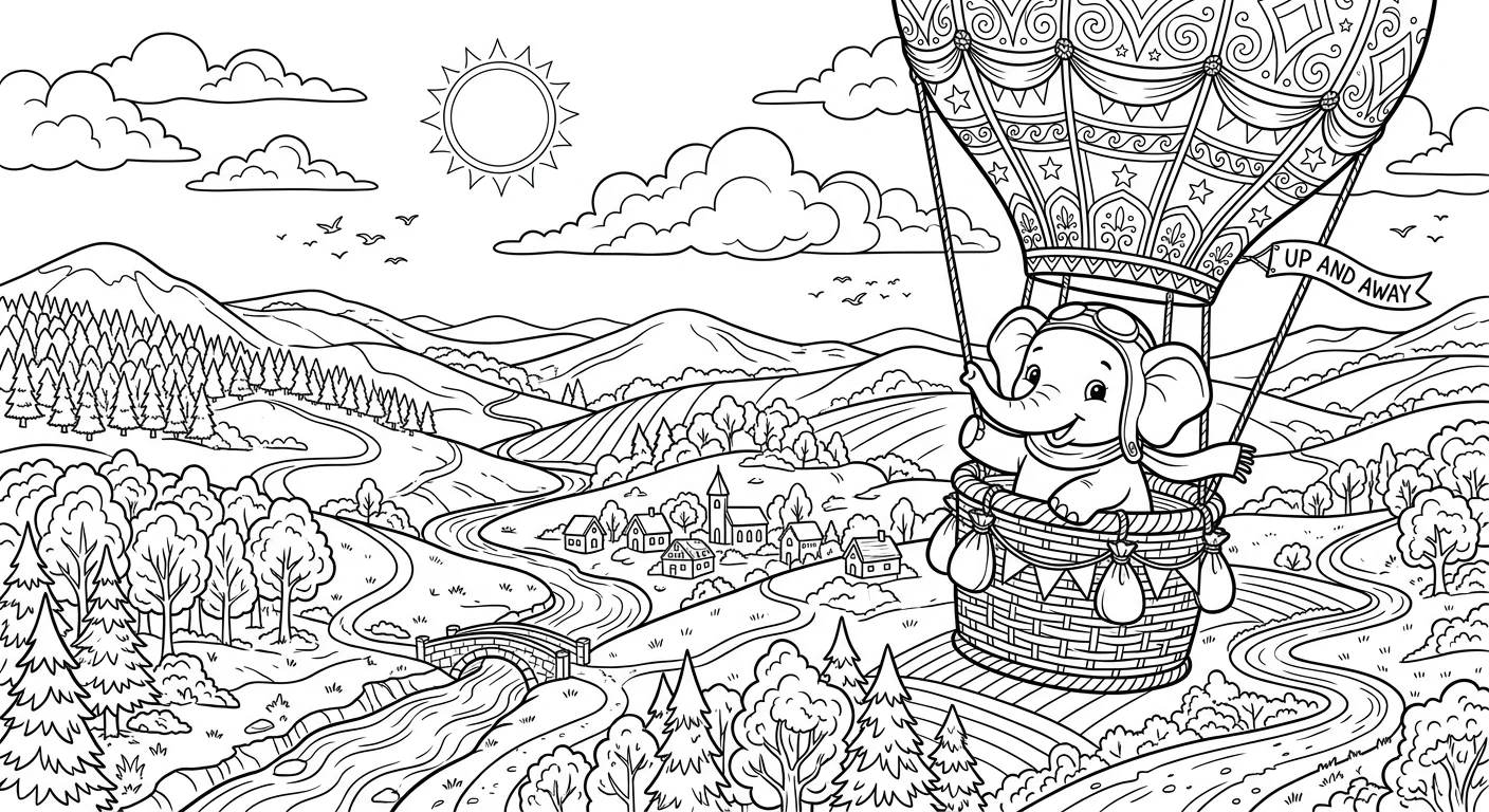 Elephant in Hot Air Balloon - free elephant coloring page printable black and white line art