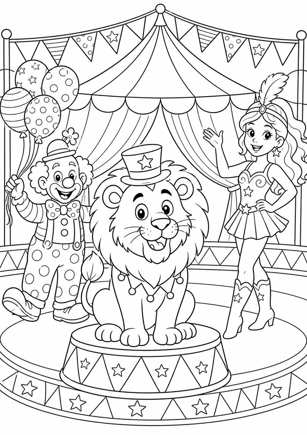 Circus Lion in a Big Top — free lion coloring page, printable black and white line art