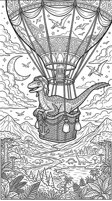 Hot air balloon ride raptor dinosaur coloring page