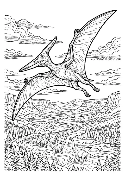 Realistic Pteranodon soaring above a prehistoric valley with a sauropod herd, river and cliffs below – realistic dinosaur coloring pages