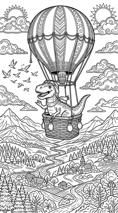 t rex dinosaur to color page 08 - Hot Air Balloon Ride