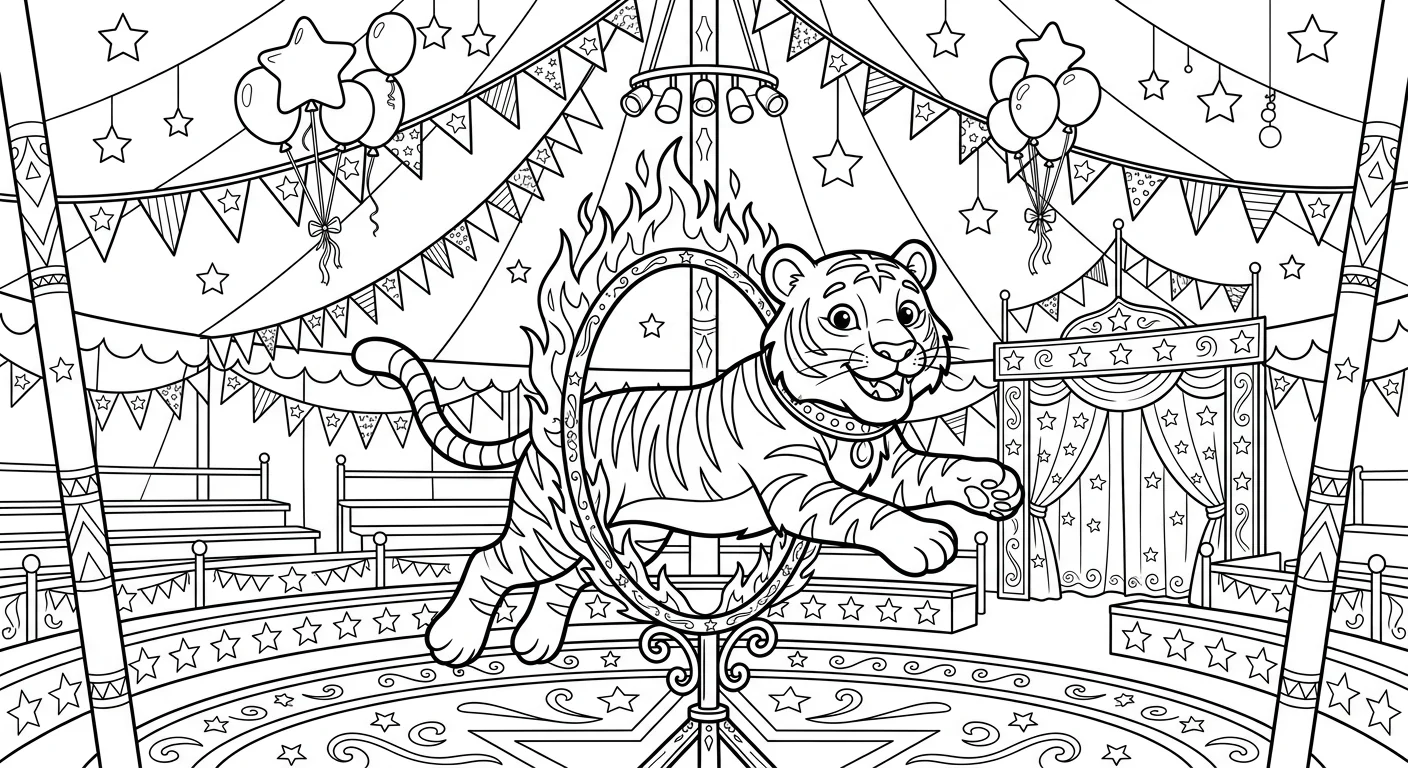 Circus Tiger Jumping Through Ring - fun tiger coloring page