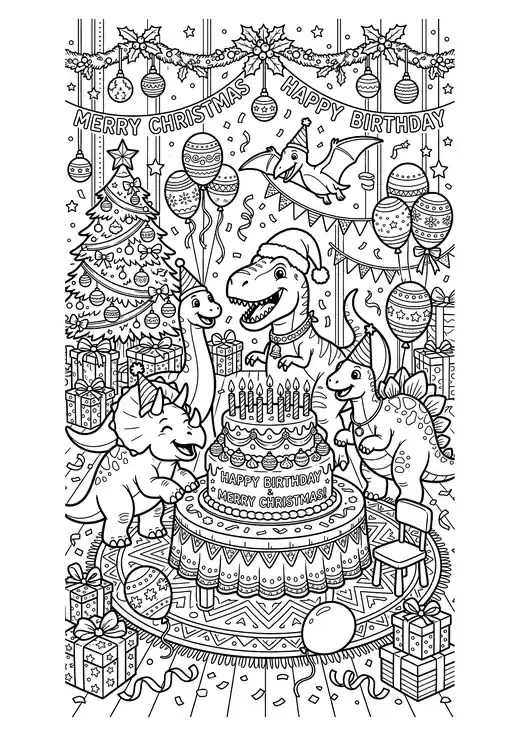Christmas dinosaurs celebrating a birthday party with a big cake, balloons, gifts and garlands – christmas dinosaur coloring pages