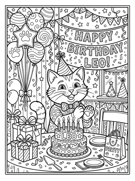Birthday Party - free coloring cat page printable black and white line art