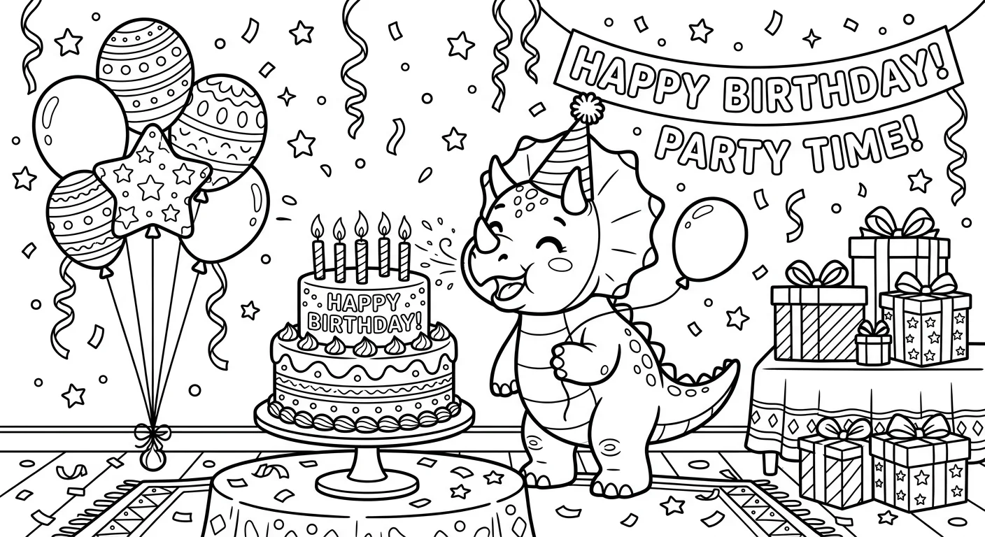 Coloring Dinosaur Birthday Party - free coloring dinosaur page printable black and white line art