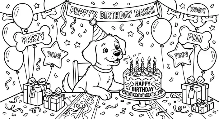 Coloring Dog Birthday Party - free coloring dog page printable black and white line art