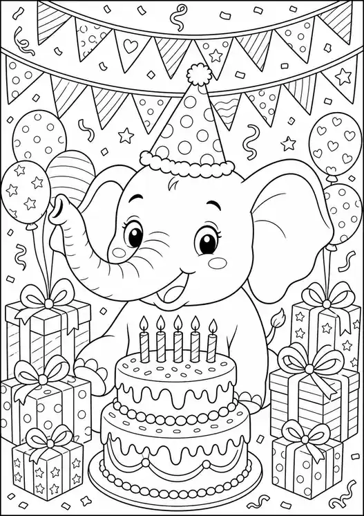 Coloring elephant birthday party printable page