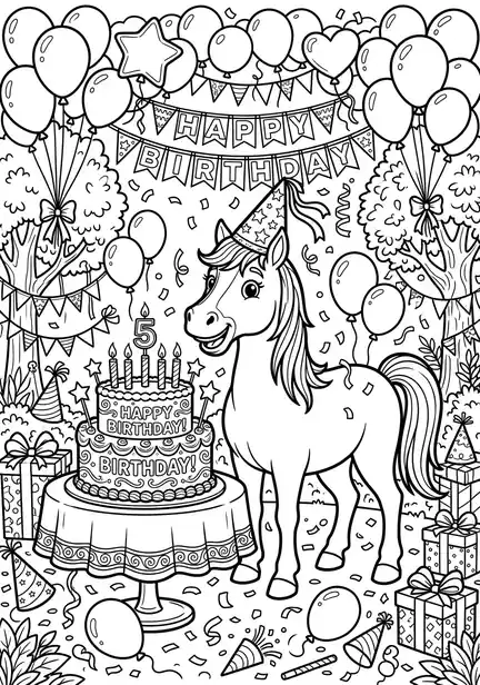 Birthday Party - free coloring horse page printable black and white line art